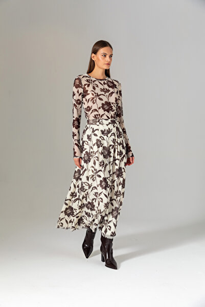 Berr-ın Pleated Patterned Skirt Brown