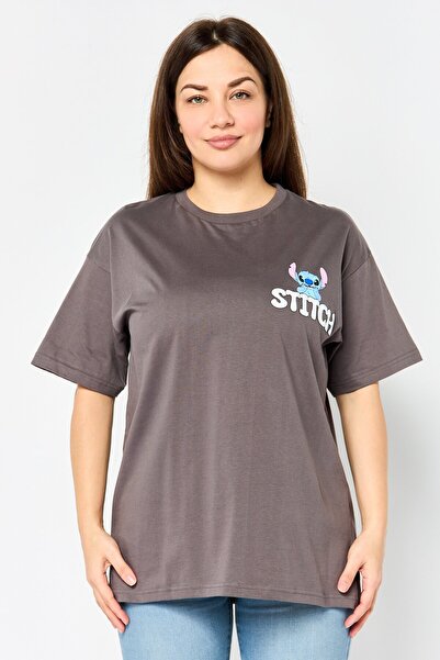 Disney Stitch Women Crew Neck Short Sleeve Graphic Print T-Shirt, Dark Grey