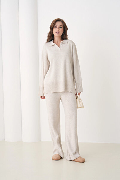 Park Karon Women's Polo Neck Slit Oversized Sweater Palazzo Pants Knitwear Bottom-Top Set