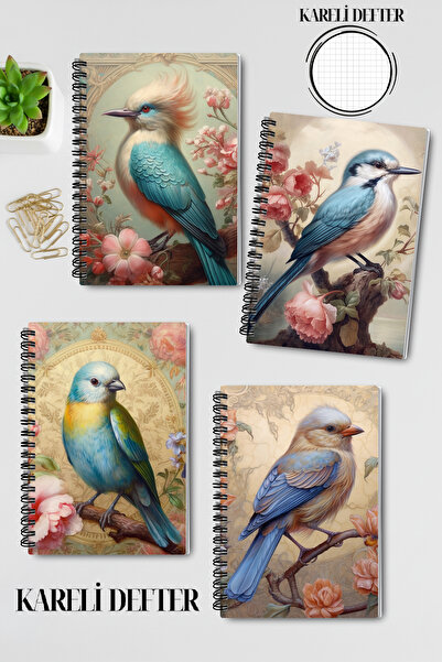 qoeuyl boutique مجموعة دفاتر ملاحظات مدرسية تذكارية من 4 قطع بتصميم طائر عتيق رقم 1، حلزونية سلكية، مربعة مقاس A5