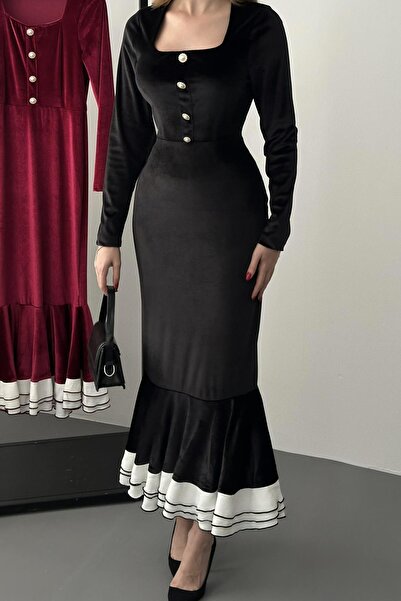 Elbee Fashion Woman Square Neck Skirt Flared Velvet Dress