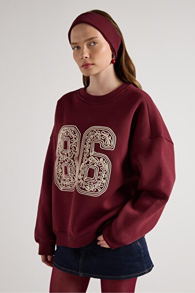 minaaise Γυναικεία μπλούζα μπορντό με κέντημα επένδυση fleece 30065