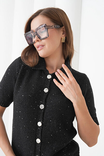 Park Karon Women's Polo Neck Button Detail Short Sleeve Glitter Knit Cardigan