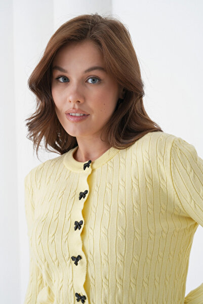 Park Karon Women's Crew Neck Button Detail Hair Knit Soft Textured Knitwear Cardigan