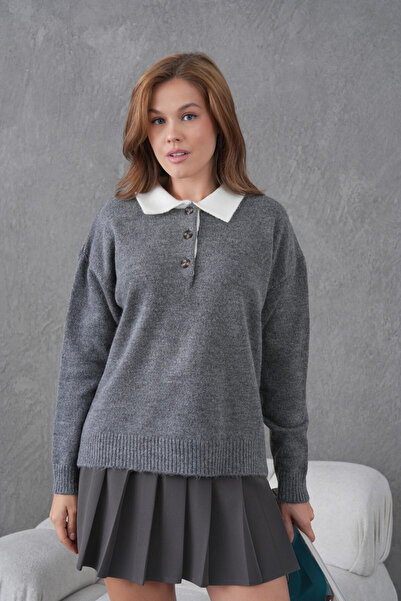 Park Karon Women's Polo Neck Half Placket Buttoned Knit Sweater