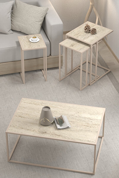 MİLVAKİ Zigon Sehpa Ve Orta Sehpa Seti Bohem Traverten