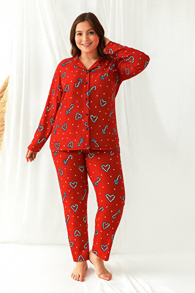 nisaNCa Plus Size Winter Buttoned Plaid Pattern New Year Themed Women's Suede Pajama Set