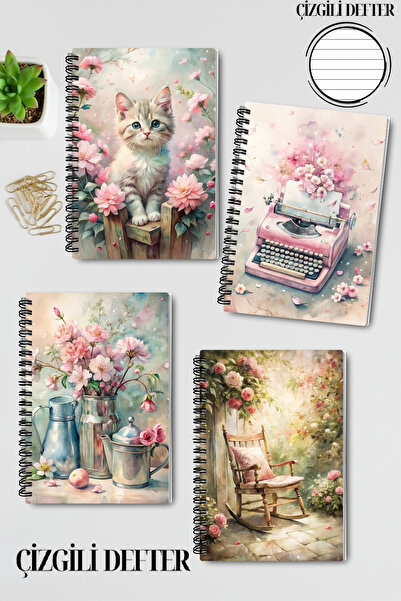 qoeuyl boutique Pink Dreams Nostaljik Tasarım Tel Spiralli A5 Çizgili 4'lü Ha...