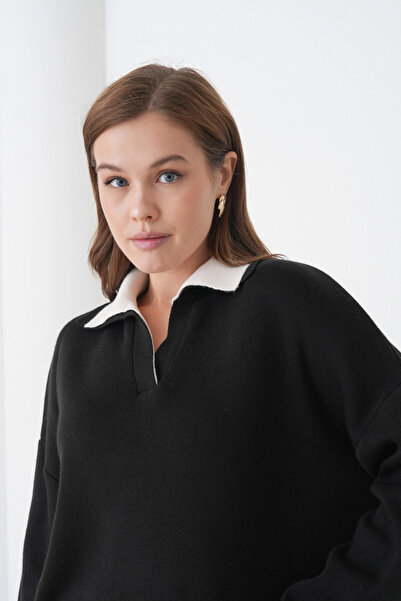 Park Karon Women's Polo Neck Paneled Soft Textured Knitwear Sweater