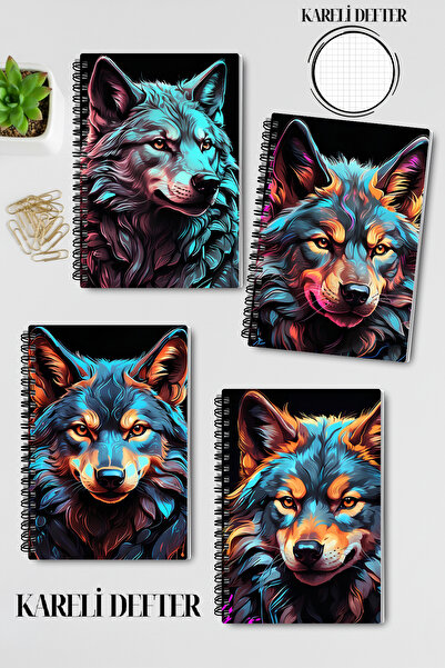 qoeuyl boutique Pop Art Wolf Themed Design Wire Spiral A5 Squared 4-Piece Souvenir, Memory, School Notebook Set