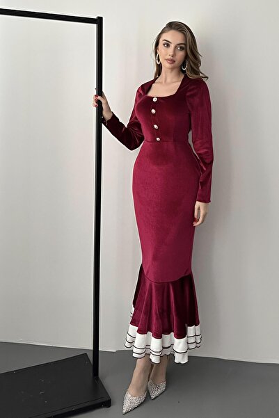 Elbee Fashion Woman Βελούδινο φόρεμα με τετράγωνο λαιμόκοψη μπορντό