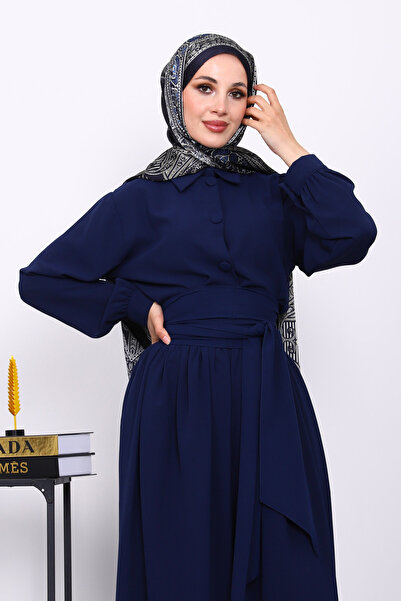 İmajButik Navy Blue Elastic Waist Jumpsuit