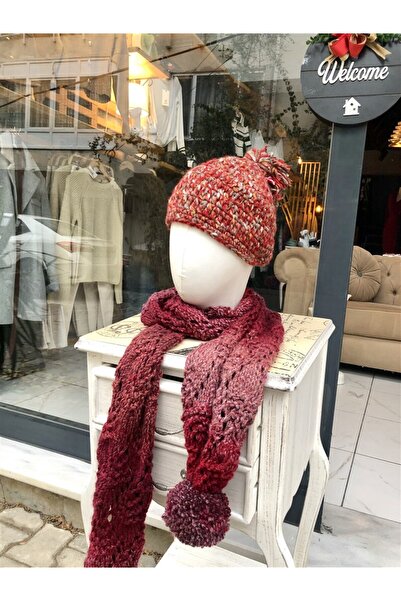 Gözde Tasarım Butik Women's Burgundy Color Design Crocheted Handmade Pompon Shawl Scarf and Hat Beanie Set