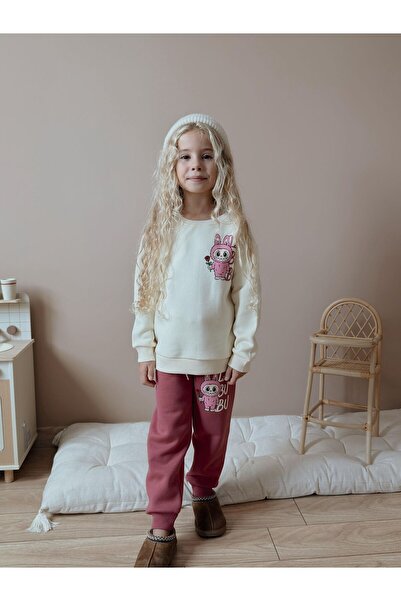 Patriko New Season Winter Inner Fleece Lined Cream-Burgundy Color Back Printed Top and Bottom Set for Girls, Ages 3-10