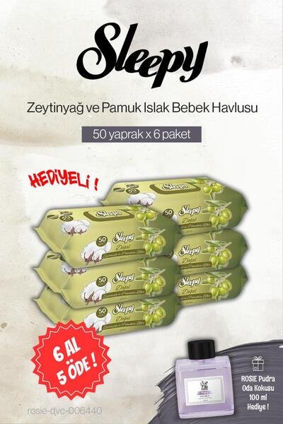 Sleepy 50'li Zeytinyağ ve Pamuklu Bebe Islak Havlu 6 AL 5 ÖDE, Rosie Pudra Od...