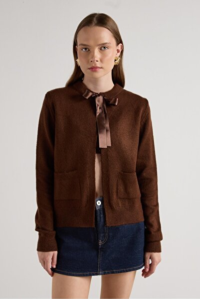 minaaise Women's Brown Ribbon Detailed Short Design Cardigan 30034