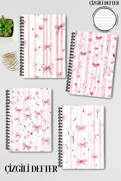 qoeuyl boutique Pink Bouquet and Floral Themed Design Wire Spiral A5 Lined 4-Piece Souvenir, Memory, School Notebook Set