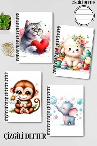 qoeuyl boutique مجموعة دفاتر ملاحظات مدرسية مكونة من 4 قطع بتصميم حيوانات لطيفة رقم 1، حلزونية سلكية، مقاس A5، مخططة، للذكرى والذكريات