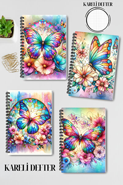 qoeuyl boutique Colorful Butterfly Design Wire Spiral A5 Squared 4-Piece Souvenir, Memory, School Notebook Set