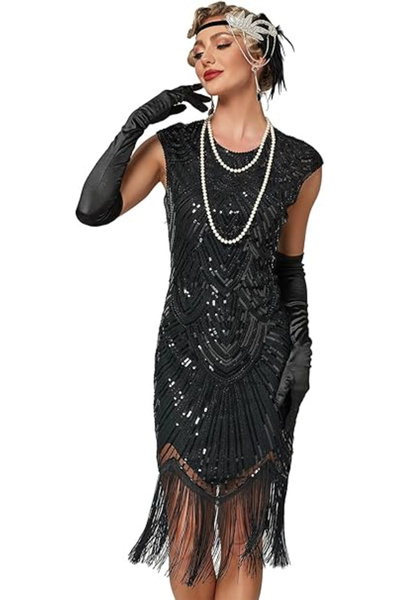 OEM Short elegant dress, fitted, sleeveless, black with sequins 2XL