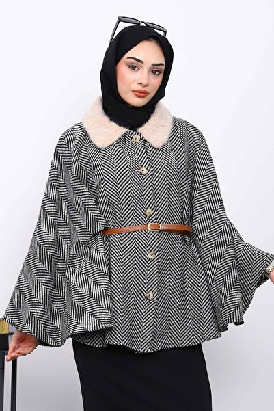 İmajButik Πόντσο με μαύρο γιακά και γούνινη ζώνη