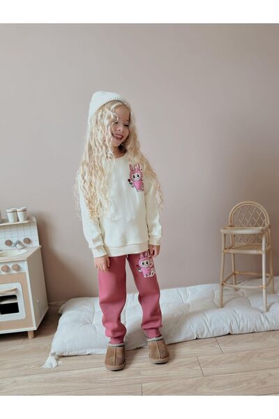 Patriko New Season Winter Inner Fleece Lined Cream-Burgundy Color Back Printed Top and Bottom Set for Girls, Ages 3-10