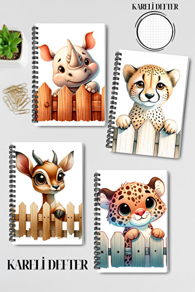 qoeuyl boutique مجموعة دفاتر ملاحظات مدرسية تذكارية من 4 قطع بتصميم حيوانات لطيفة رقم 5، حلزونية سلكية، مربعة الشكل، مقاس A5