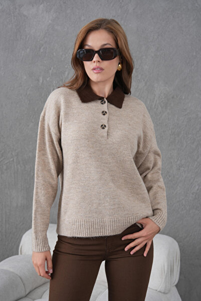 Park Karon Women's Polo Neck Half Placket Buttoned Knit Sweater