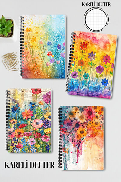 qoeuyl boutique Vibrant Color Flowers Design Wire Spiral A5 Squared 4-Piece Souvenir, Memory, School Notebook Set