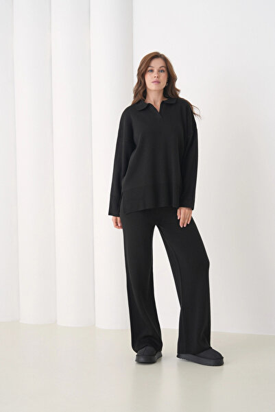 Park Karon Women's Polo Neck Slit Oversized Sweater Palazzo Pants Knitwear Bottom-Top Set