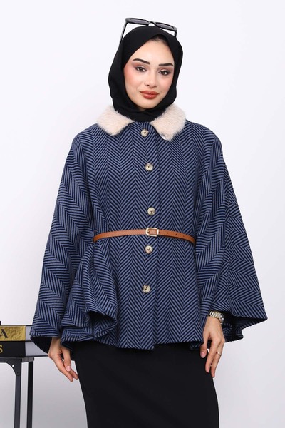 İmajButik Πόντσο με γούνινο γιακά και ζώνη σε χρώμα ινδικό μπλε