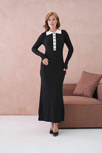 Park Karon Women's Polo Neck Button Detail Ribbed Knit Long Knitwear Dress