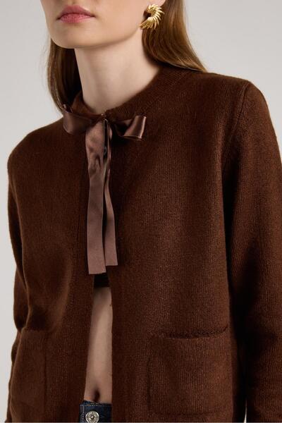 minaaise Women's Brown Ribbon Detailed Short Design Cardigan 30034