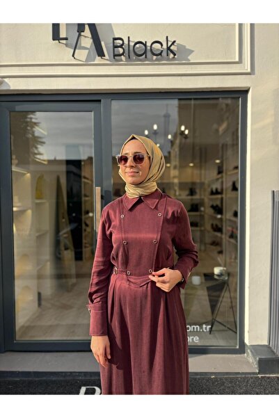 Babil Butik 25025002 Belt Detailed Women's Dress Burgundy