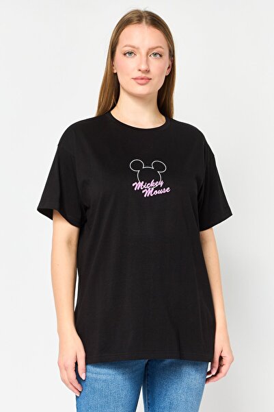 Disney Mickey Mouse Women Crew Neck Short Sleeve Brand Logo T-Shirt, Black