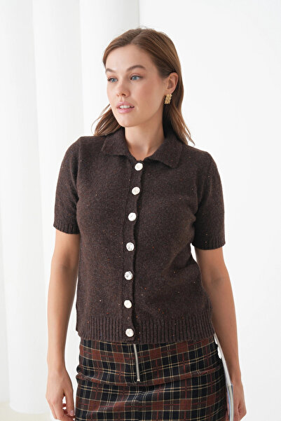 Park Karon Women's Polo Neck Button Detail Short Sleeve Glitter Knit Cardigan