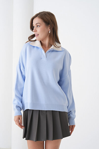 Park Karon Women's Polo Neck Paneled Soft Textured Knitwear Sweater