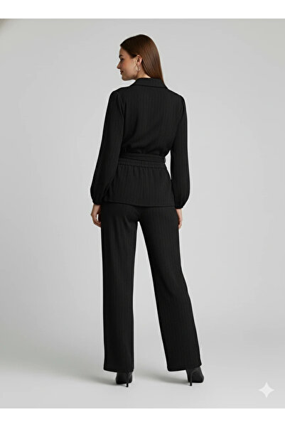 cemo Women's Double-Breasted Blouse and Wide Leg Pants Two-Piece Set Wrinkled Fabric Stylish Set