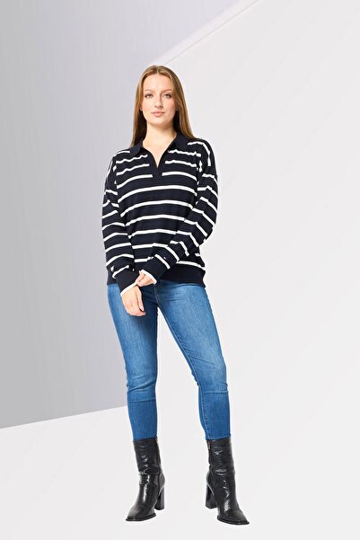 Tommy Hilfiger Women Split Neck Stripe Print Sweater, Multicolor