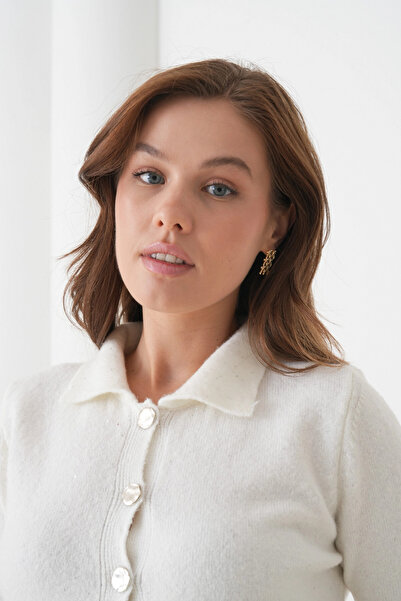 Park Karon Women's Polo Neck Button Detail Short Sleeve Glitter Knit Cardigan