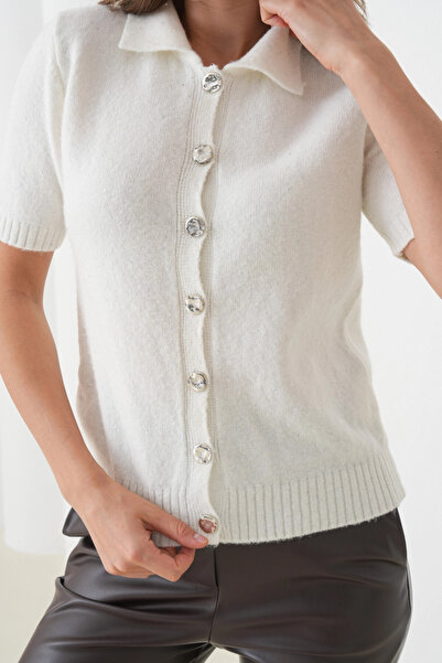 Park Karon Women's Polo Neck Button Detail Short Sleeve Glitter Knit Cardigan