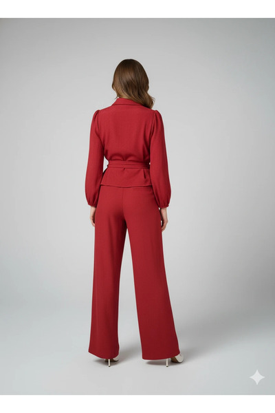 cemo Women's Double-Breasted Blouse and Wide Leg Pants Two-Piece Set Wrinkled Fabric Stylish Set