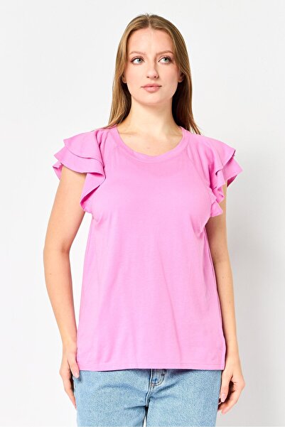 GAP Women Crew Neck Solid Flutter Sleeve Top, Pink