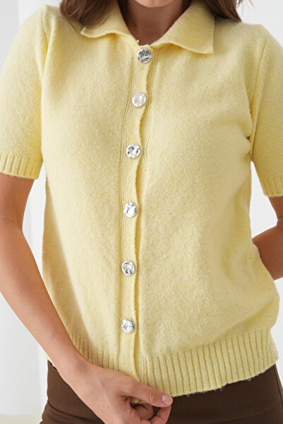 Park Karon Women's Polo Neck Button Detail Short Sleeve Glitter Knit Cardigan