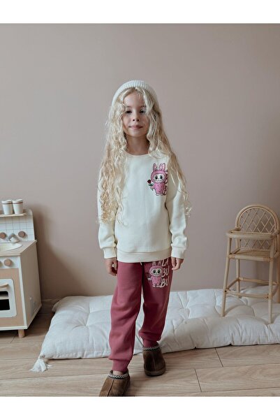 Patriko New Season Winter Inner Fleece Lined Cream-Burgundy Color Back Printed Top and Bottom Set for Girls, Ages 3-10