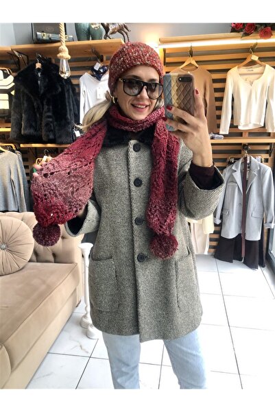 Gözde Tasarım Butik Women's Burgundy Color Design Crocheted Handmade Pompon Shawl Scarf and Hat Beanie Set