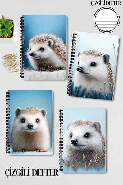 qoeuyl boutique مجموعة دفاتر ملاحظات مخططة بتصميم شتوي على شكل قنفذ، مقاس A5، مكونة من 4 قطع، تصلح كتذكار أو للذكريات أو للمدرسة