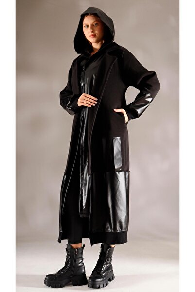 shE tekstil Palton cu detalii din piele de design