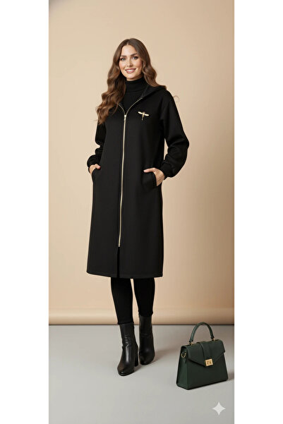 cemo Women's Gray Hooded Balloon Sleeve Zippered Coat Oversized Midi Length Winter Cashmere Coat