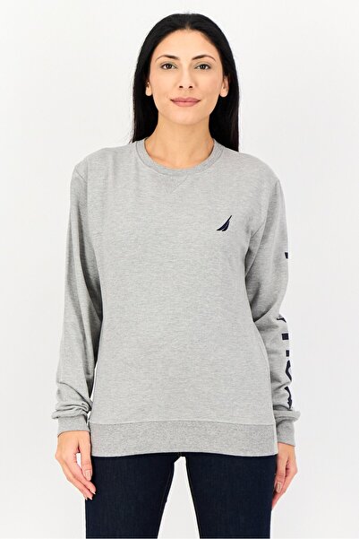 Nautica Women Crew Neck Long Sleeve Graphic Print Sweatshirt, Grey